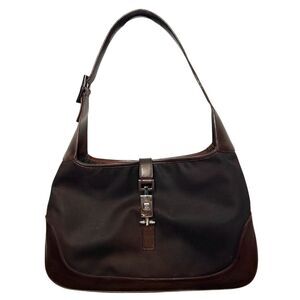 GUCCI Jackie 1961 Dark Brown Leather Cloth Shoulder Bag Handbag Vintage Purse